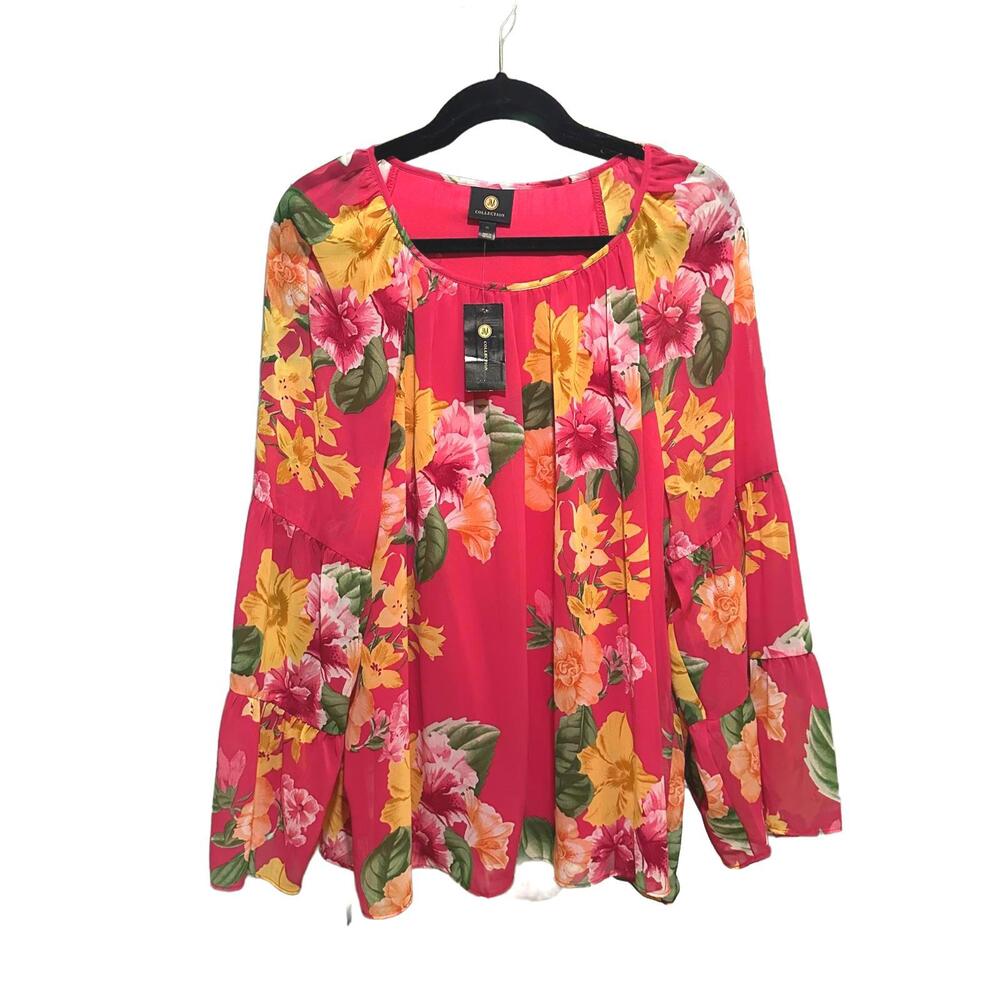 JM Collection Women's Pink Fireball Floral Print Long Bell Sleeve Blouse - XL